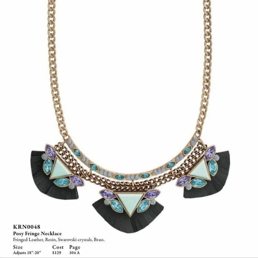 Silpada KR Posy Fringe Bib Leather Brass Swarovski Crystal Statement Necklace